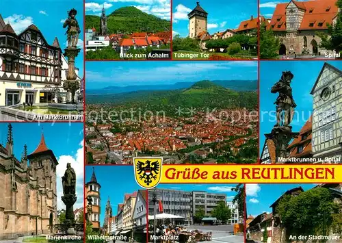 AK / Ansichtskarte Reutlingen_Tuebingen Marktbrunnen Fachwerkhaus Kirche Achalm Tuebinger Tor Spital Stadtmauer Marktplatz Wilhelmstrasse Fliegeraufnahme Reutlingen Tuebingen