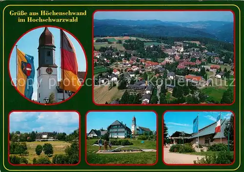 AK / Ansichtskarte Hoechenschwand Kurort Hochschwarzwald Fliegeraufnahme Kirchturm Fahnen Kurhaus Minigolf Hoechenschwand