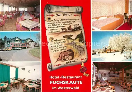 AK / Ansichtskarte Willingen_Westerwald Hotel Restaurant Fuchskaute Speisesaal Zimmer Gastraum Willingen_Westerwald