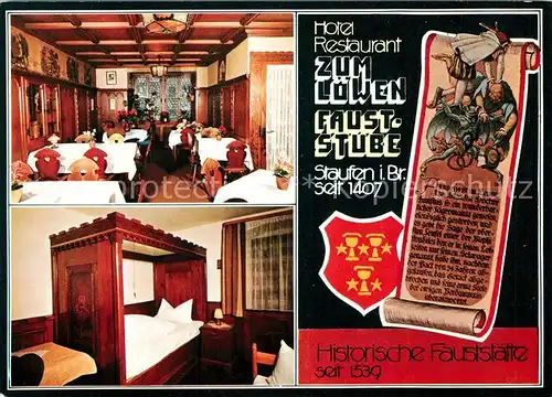 AK / Ansichtskarte Staufen_Breisgau Hotel Restaurant zum Loewen Gaststube Historische Fauststaette Staufen Breisgau