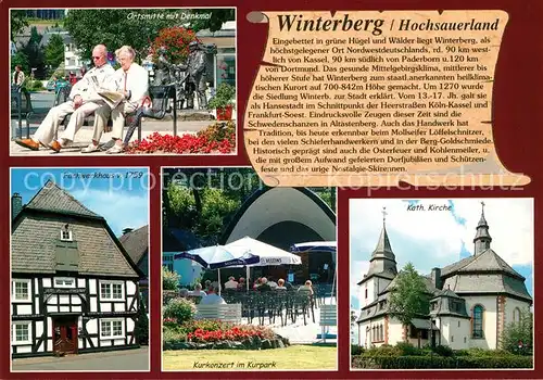 AK / Ansichtskarte Winterberg_Hochsauerland Ortsmitte mit Denkmal Fachwerkhaus Kurkonzert im Kurpark Kath Kirche Winterberg_Hochsauerland