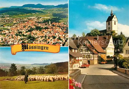 AK / Ansichtskarte Moessingen Fliegeraufnahme Schafherde mit Hirte Kirche Dorfstrasse Moessingen