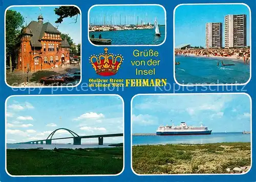 AK / Ansichtskarte Fehmarn Hafen Hochhaeuser Faehre Bruecke Fehmarn