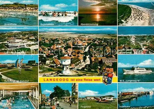 AK / Ansichtskarte Langeoog_Nordseebad Wasserturm MS Langeoog III Flugplatz Fliegeraufnahme Langeoog_Nordseebad