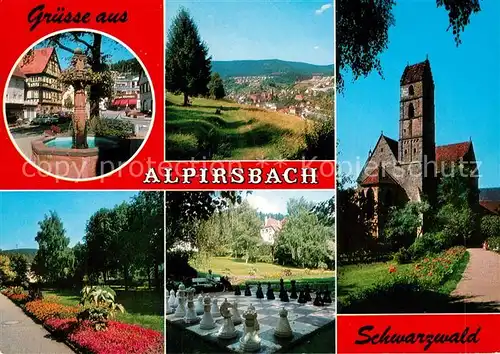 AK / Ansichtskarte Alpirsbach Brunnen Park Kirche Bodenschach Landschaftspanorama Luftkurort Wintersportplatz im Schwarzwald Alpirsbach