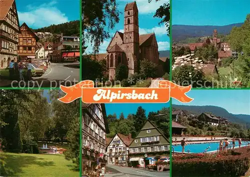AK / Ansichtskarte Alpirsbach Hauptstrasse Fachwerkhaeuser Kirche Park Freibad Luftkurort Wintersportplatz im Schwarzwald Alpirsbach