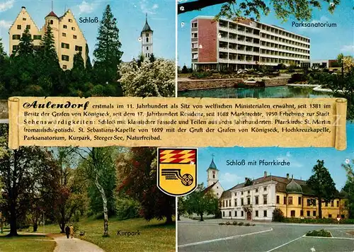 AK / Ansichtskarte Aulendorf Schloss Parksanatorium Pfarrkirche Kurpark Chronik Wappen Aulendorf