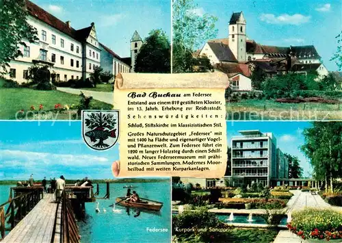 AK / Ansichtskarte Bad_Buchau_Federsee Schloss Kirche Federsee Kurpark Sanatorium Chronik Wappen Bad_Buchau_Federsee