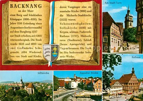AK / Ansichtskarte Backnang Stadtturm Rathaus Aspacher Bruecke Stiftskirche Chronik Wappen Backnang