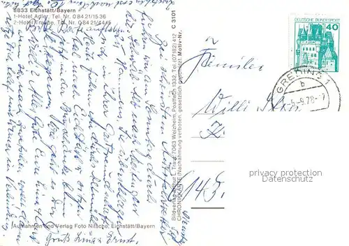 AK / Ansichtskarte Eichstaett_Oberbayern Dom Westfassade Willibaldsburg Residenzplatz Marktplatz Fliegeraufnahme Chronik Wappen Eichstaett_Oberbayern