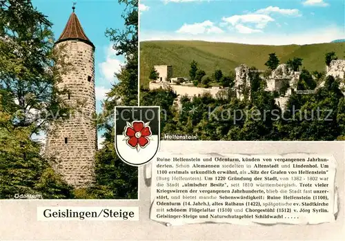 AK / Ansichtskarte Geislingen_Steige oedenturm Burgruine Helfenstein Chronik Wappen Geislingen_Steige