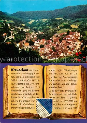 AK / Ansichtskarte Braunsbach_Wuerttemberg Panorama Kochertal Chronik Wappen Braunsbach Wuerttemberg