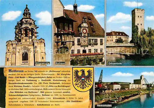 AK / Ansichtskarte Heilbronn_Neckar Kilianskirche Rathaus Goetzenturm Neckarhafen Chronik Wappen Heilbronn Neckar