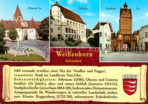 AK / Ansichtskarte Weissenhorn Oberes Tor Schloss Unteres Tor Chronik Wappen Weissenhorn
