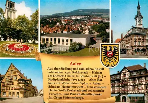 AK / Ansichtskarte Aalen Stadtpanorama Halle Historisches Rathaus Fachwerkhaus Blumenuhr Wappen Chronik Aalen