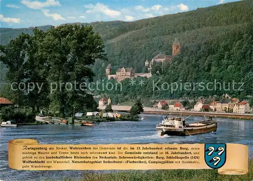 AK / Ansichtskarte Zwingenberg_Neckar Frachtkahn Binnenschifffahrt Blick zur Burg Campingplatz am Fluss Zwingenberg Neckar