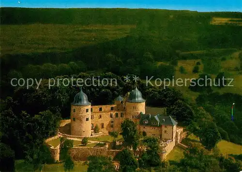 AK / Ansichtskarte Hofgeismar Sababurg Dornroeschenschloss im Reinhardswald Burghotel Freiwildgehege Fliegeraufnahme Hofgeismar
