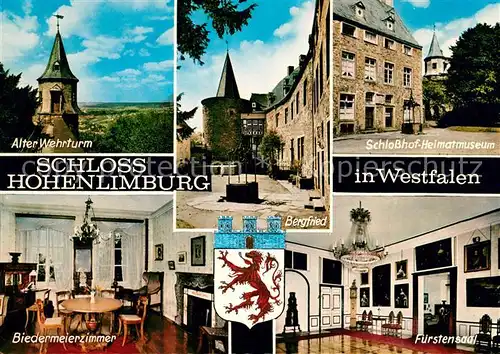 AK / Ansichtskarte Hohenlimburg Schloss Alter Wehrturm Schlosshof Heimatmuseum Bergfried Biedermeierzimmer Fuerstensaal Wappen Hohenlimburg