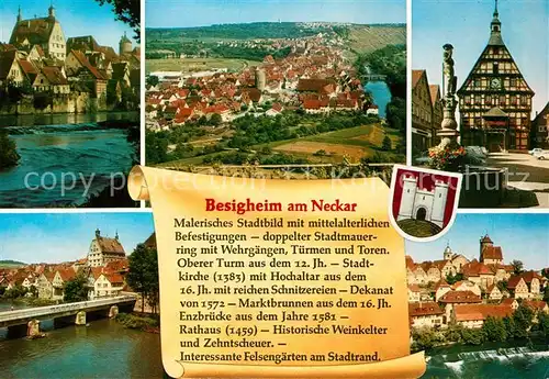 AK / Ansichtskarte Besigheim Uferpartie am Neckar Stadtpanorama Platz Brunnen Fachwerkhaus Wehr Chronik Besigheim