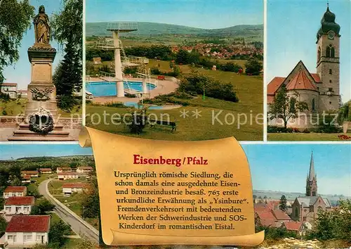 AK / Ansichtskarte Eisenberg_Pfalz Denkmal Freibad Ortsansicht mit Kirche Geschichte Eisenberg Pfalz