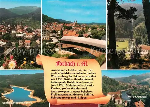 AK / Ansichtskarte Forbach_Baden Stadtpanorama Holzbruecke Murg Kraftwerk Schwarzenbachtalsperre Schwarzwald Forbach_Baden