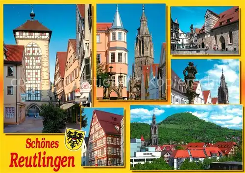 AK / Ansichtskarte Reutlingen_Tuebingen Innenstadt Tuebinger Tor Kirchturm Fachwerkhaus Brunnen Tor zur Schwaebischen Alb Reutlingen Tuebingen