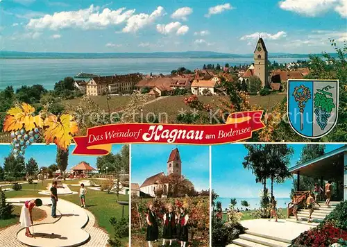 AK / Ansichtskarte Hagnau_Bodensee Panorama Minigolf Kirche Schwimmbad Hagnau Bodensee