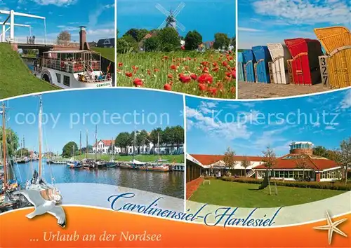 AK / Ansichtskarte Carolinensiel Harlesiel_Ostfriesland Zugbruecke Hafen Strandkoerbe Tulpenbeet Windmuehle Touristenhaus Carolinensiel Harlesiel