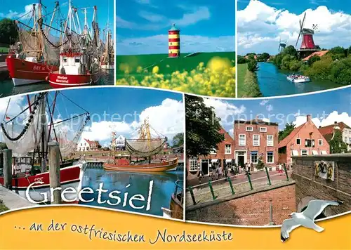AK / Ansichtskarte Greetsiel Fischkutter Hafen Leuchtturm Kanal Windmuehle Bruecke Moewe Greetsiel