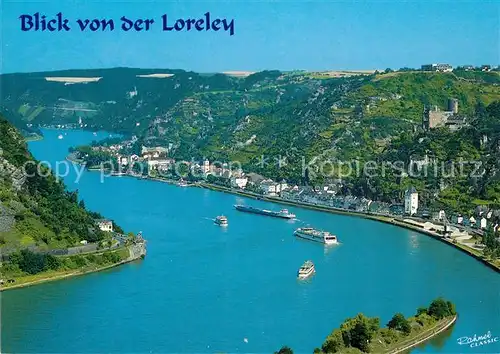 AK / Ansichtskarte St_Goarshausen Panorama Blick von der Lorely Burg Katz Rheinschifffahrt St_Goarshausen