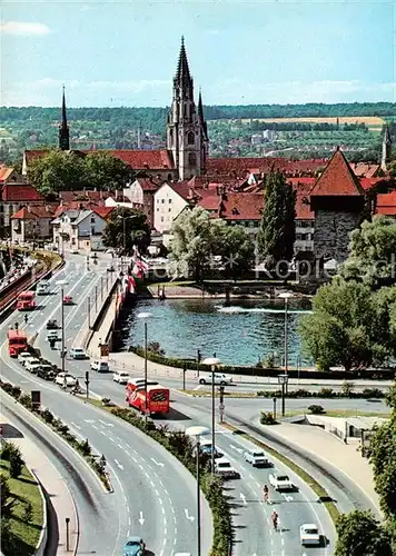 AK / Ansichtskarte Konstanz_Bodensee Rheinbruecke Blick zur Altstadt mit Kirche Konstanz_Bodensee