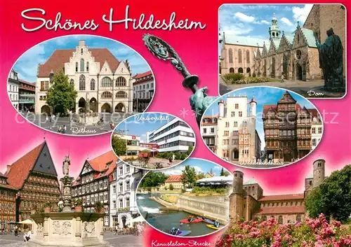 AK / Ansichtskarte Hildesheim Rathaus Marktbrunnen Altstadt Fachwerkhaus Universitaet Dom Kanusport Wedekindhaus Historische Gebaeude Hildesheim