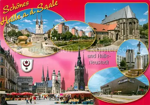 AK / Ansichtskarte Halle_Saale Platz Brunnen Kirche Neubausiedlung Hochhaeuser Kirche Marktplatz Einkaufszentrum Halle_Saale