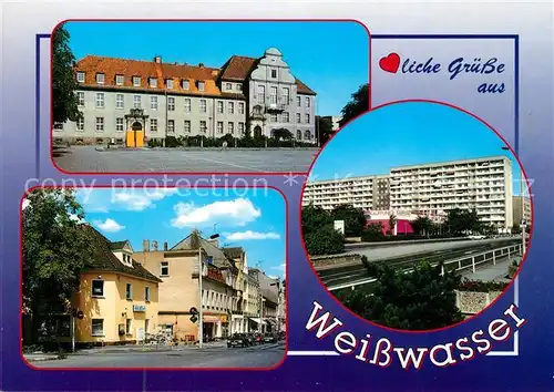AK / Ansichtskarte Weisswasser_Oberlausitz Rathaus Haeuserpartie Innenstadt Hochhaeuser Plattenbauten Weisswasser_Oberlausitz