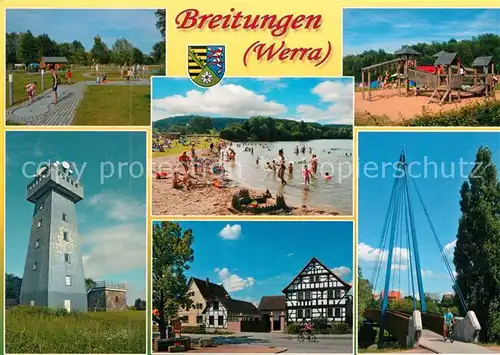 AK / Ansichtskarte Breitungen_Werra Naherholungszentrum am Kiessee Badestrand Markt Fachwerkhaus Bruecke Aussichtsturm Pless Breitungen Werra