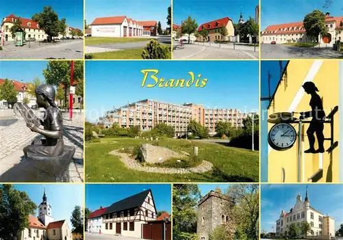 AK / Ansichtskarte Brandis_Wurzen Teilansichten Feuerwehr Schloss Kirche Gymnasium Statue Turm Klinik Park Brandis Wurzen