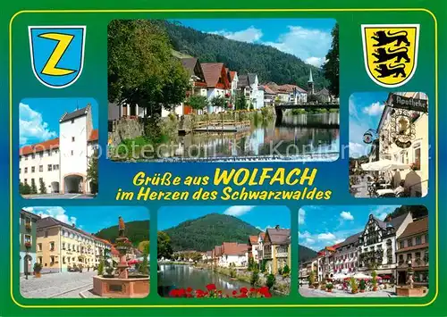 AK / Ansichtskarte Wolfach Hauptstrasse Partie an der Kinzig Strassencafes Brunnen Apotheke Wappen Wolfach