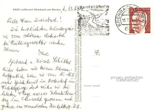 AK / Ansichtskarte Eberbach_Neckar Haspelturm Pulverturm Brunnen Blick ueber den Neckar zur Stadt Chronik Wappen Eberbach Neckar