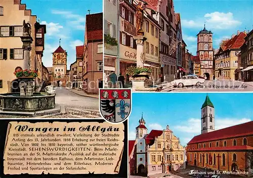AK / Ansichtskarte Wangen_Allgaeu Paradiesstrasse Lindauer Tor Herrenstrasse Ravensburger Tor Rathaus St Martinskirche Chronik Wappen Wangen Allgaeu