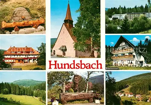 AK / Ansichtskarte Hundsbach_Forbach Brunnen Schoene Aussicht Landschaftspanorama Schwarzwald Kirche Hotel Restaurant Hundsbach Forbach