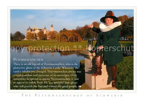 AK / Ansichtskarte Schwerin_Mecklenburg Das Petermaennchen mit Schweriner Schloss Schwerin_Mecklenburg
