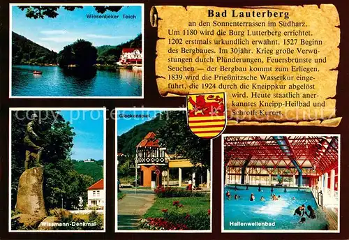 AK / Ansichtskarte Bad_Lauterberg Wiesenbeker Teich Wissmann Denkmal Glockenspiel Hallenwellenbad Bad_Lauterberg