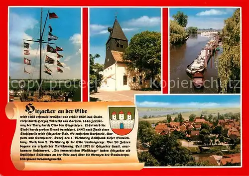 AK / Ansichtskarte Hitzacker_Elbe Flaggenmast Kirche Frachtschiffe Panorama Hitzacker Elbe
