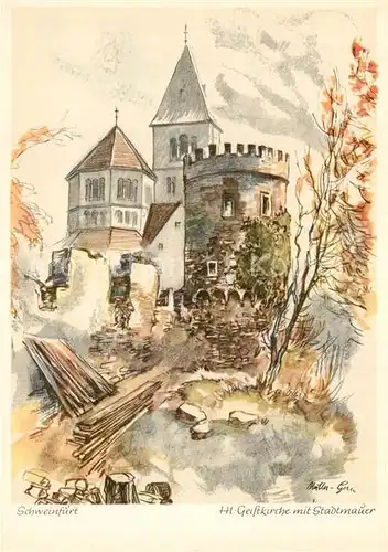 AK / Ansichtskarte Schweinfurt Hl Geistkirche Stadtmauer Kuenstlerkarte W. Mueller Schweinfurt