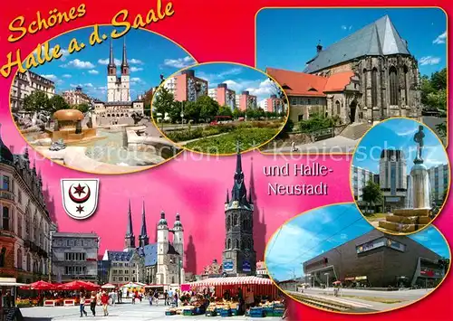 AK / Ansichtskarte Halle_Saale Marktplatz Kirche Wasserspiele Hochhaeuser Brunnen Einkaufszentrum Halle_Saale