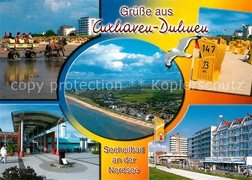 AK / Ansichtskarte Duhnen_Nordsee Wattwagen Strand Promenade Hotels Hallenbad Fliegeraufnahme Duhnen Nordsee