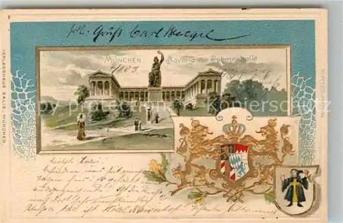 AK / Ansichtskarte Muenchen Bavaria mit Ruhmeshalle Wappen Krone Kuenstlerkarte Muenchen