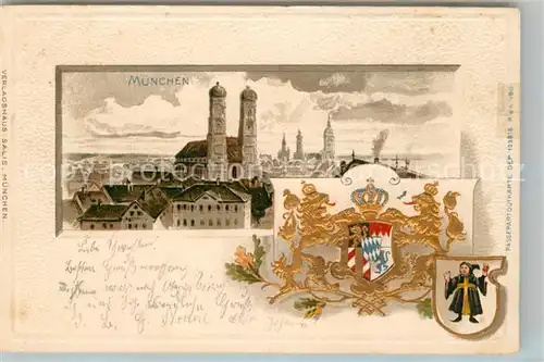 AK / Ansichtskarte Muenchen Stadtpanorama mit Frauenkirche Wappen Krone Kuenstlerkarte Muenchen