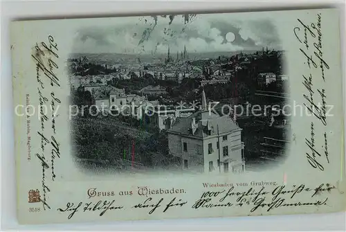 AK / Ansichtskarte Wiesbaden Stadtpanorama im Mondschein Blick vom Grubweg Deutsche Reichspost Wiesbaden