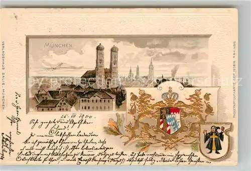 AK / Ansichtskarte Muenchen Stadtpanorama mit Frauenkirche Wappen Krone Kuenstlerkarte Muenchen